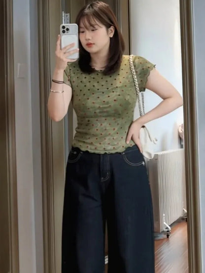 plus Size Women's American Retro Polka Dot Short Sleeve T-Shirt Slimming Top Wood Grain  Spring Summer New Style
