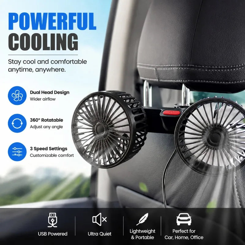 Dual Head USB Car Fan 360° Rotatable Portable Electric Air Conditioner Seat Fan 3 Speed for Home Office Driving