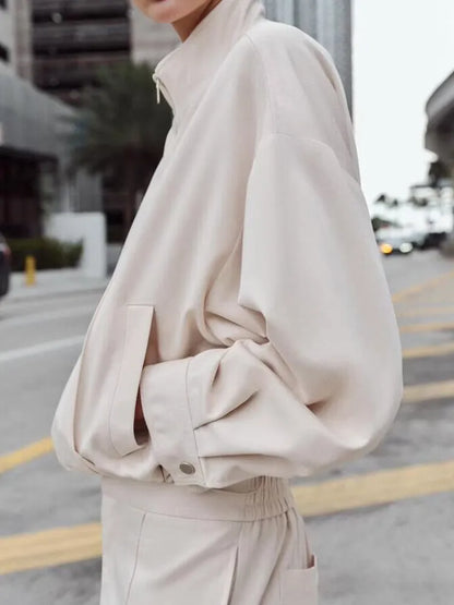 Women's Pilot Jacket Coat High Waist Commute Line Decor Straight Leg Pants Two Piece Set Long Sleeve Stand Collar Jacket