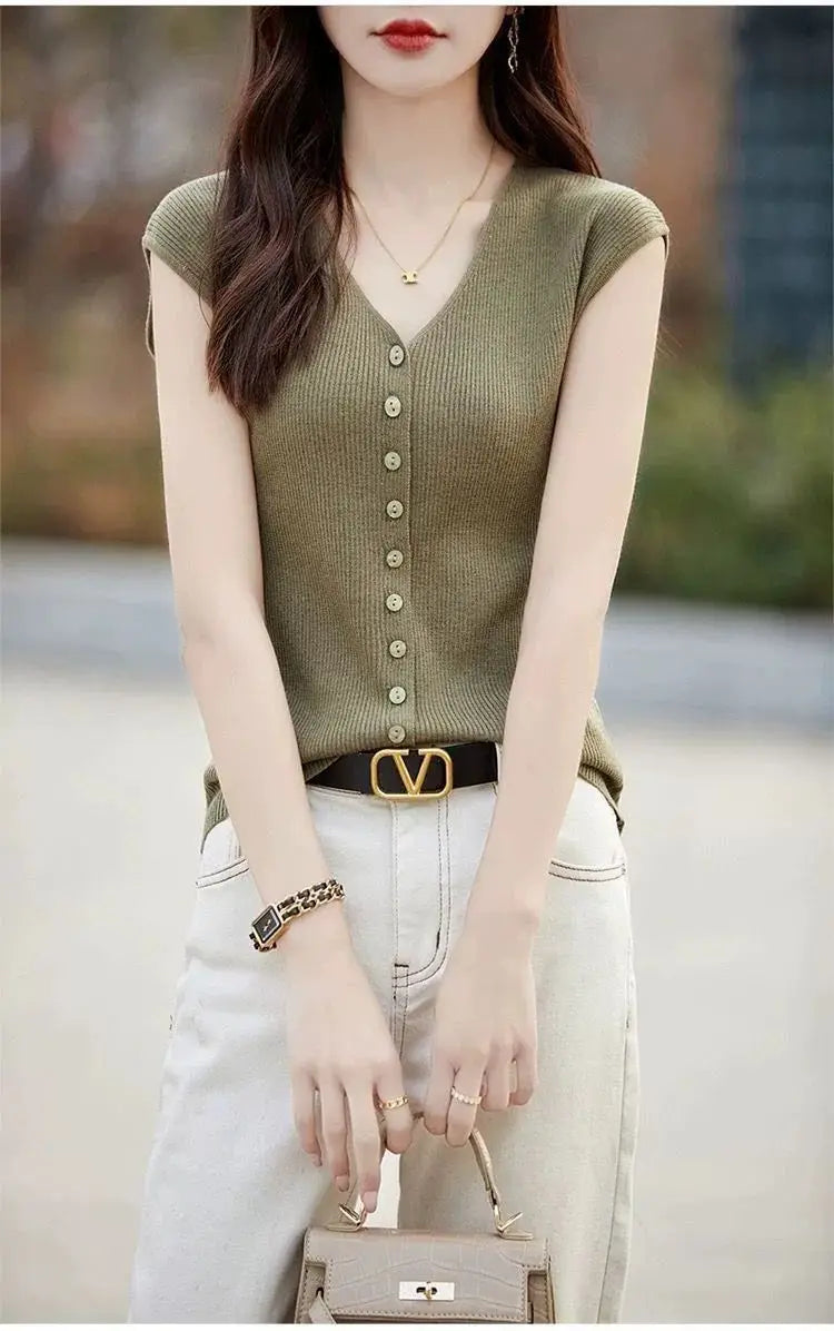 Women's Clothing New Fashion V-neck Knit Tops Summer Casual All-match Thin Sleeveless Tanks Lady Solid Single-breasted Cardigan