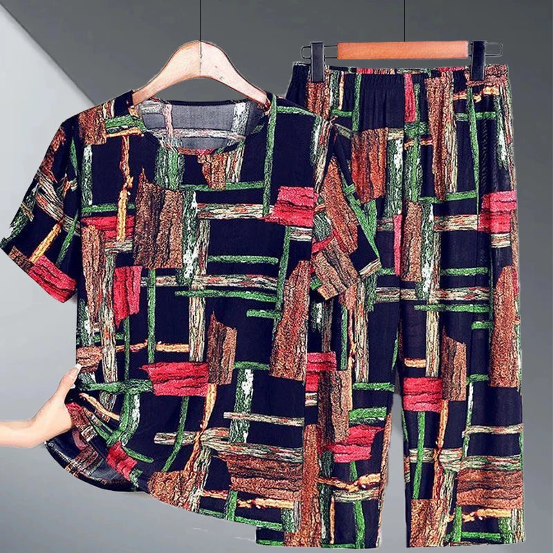 Ice Silk Two-Piece Set for Mom Summer Casual Short Sleeve Large Size Elderly Women's Fashionable Stripe And Plaid Ensemble