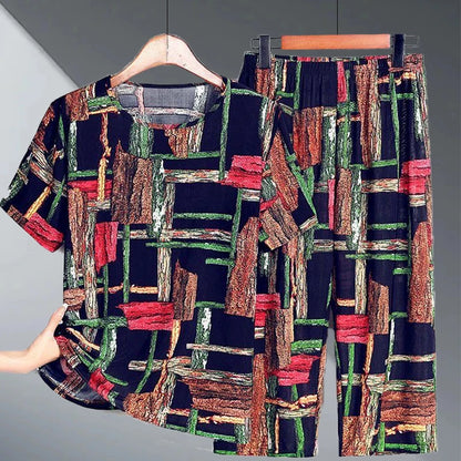 Ice Silk Two-Piece Set for Mom Summer Casual Short Sleeve Large Size Elderly Women's Fashionable Stripe And Plaid Ensemble