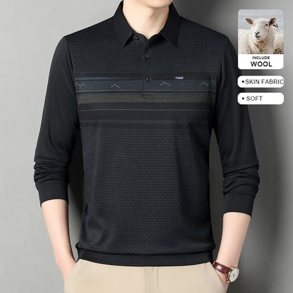 Luxury Wool Blend Fabric Men's Long Sleeve Polo Soft Touch For Father Years Classic Business Staple With Utility Focus