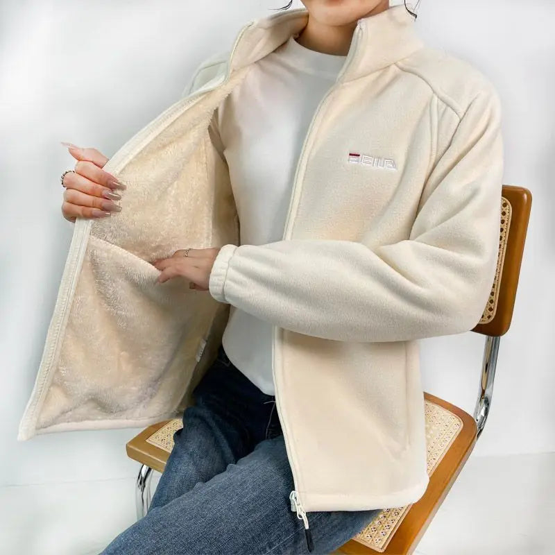 Women Jacket Zipper Sweatshirt Wool Lining Warm Coat Polar Fleece Stand Up Hoodie for Sports Leisure Clothes for Women Black Top