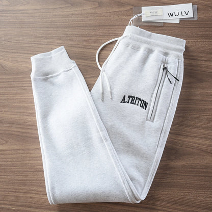 2024 Winter New American Retro Thickened Velvet Letter Printed Sweatpants Men's Simple Drawstring Sports Casual Ankle-tied Pants