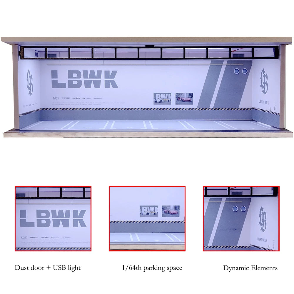 1/64 Scale Diecast Car Garage Diorama Model Miniature Case LED Light Parking Garage Diorama Kit for Collectible Cars Model