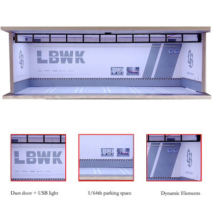 1/64 Scale Diecast Car Garage Diorama Model Miniature Case LED Light Parking Garage Diorama Kit for Collectible Cars Model