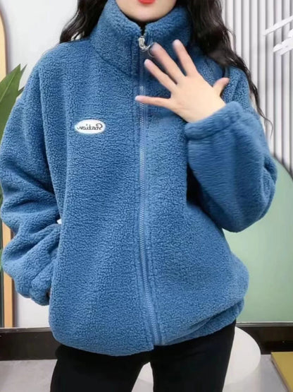 Thickened Fleece Women's Zipper Hoodie Lamb Velvet Jacket Autumn Winter Warm Fashionable Casual Long Sleeve Stand Collar Coat