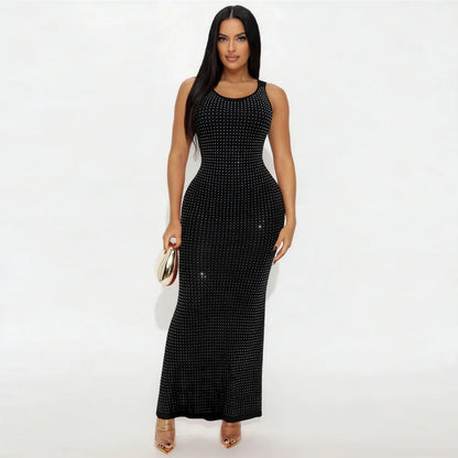 RLMABABY Sexy Swinging Collar Diamond Women Club Bodycon Dress Sleeveless Backless Evening Party Long Prom Dress