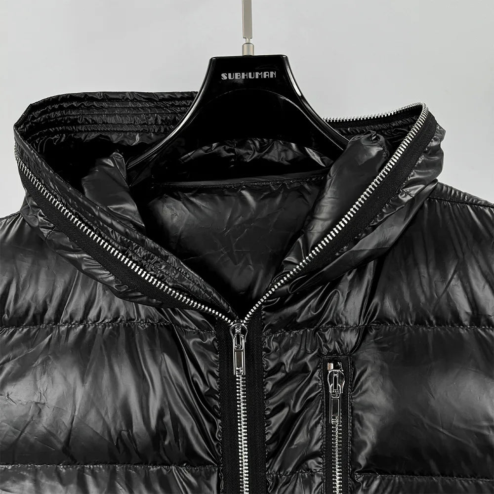 High Street Duck Down Vests Men's Dark Style Winter New Hooded Vest with Long Zipper Pocket Warm Vest Jacket Loose Down Vest