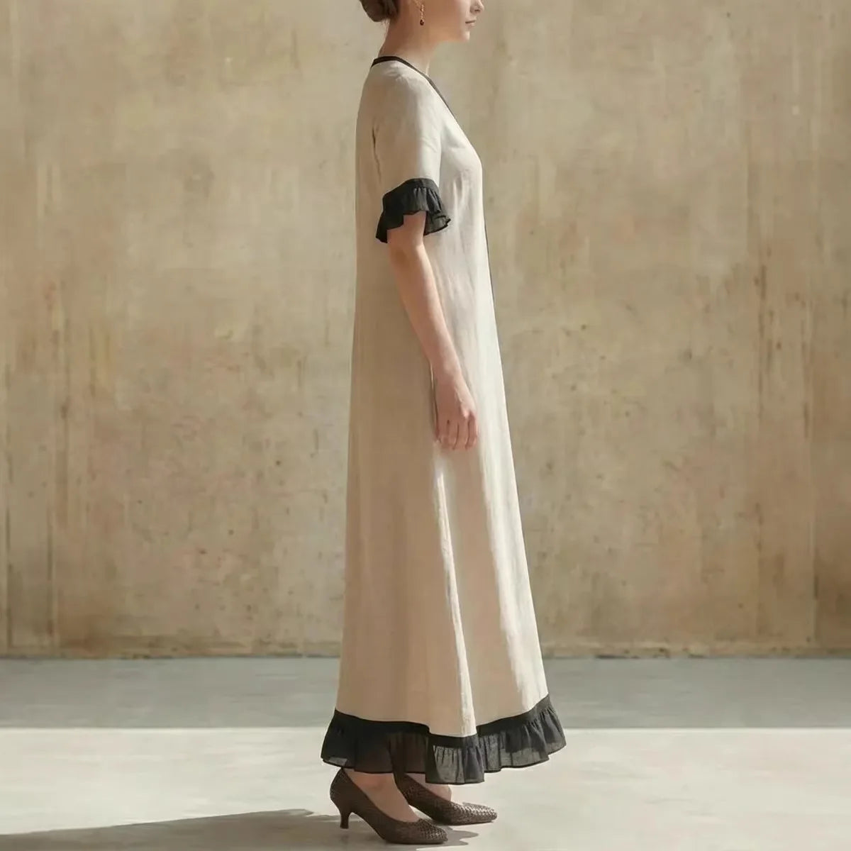 Summer Women Color Block V-Neck Short Sleeve Dress Loose Fit Long Maxi Dress Elegant Casual Beach Outfit