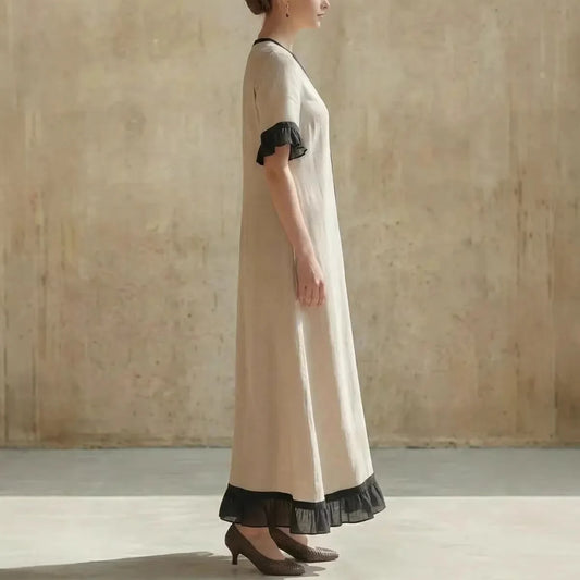 Summer Women Color Block V-Neck Short Sleeve Dress Loose Fit Long Maxi Dress Elegant Casual Beach Outfit