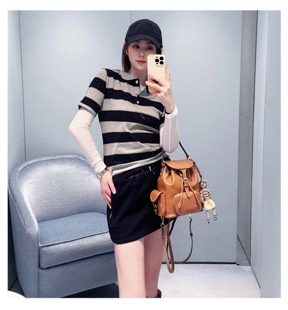 Sweet Cool Girl Spring New Style Miu Style Embroidered Letter Grey Blue Color Block Stripe  Short Sleeve Women's Top