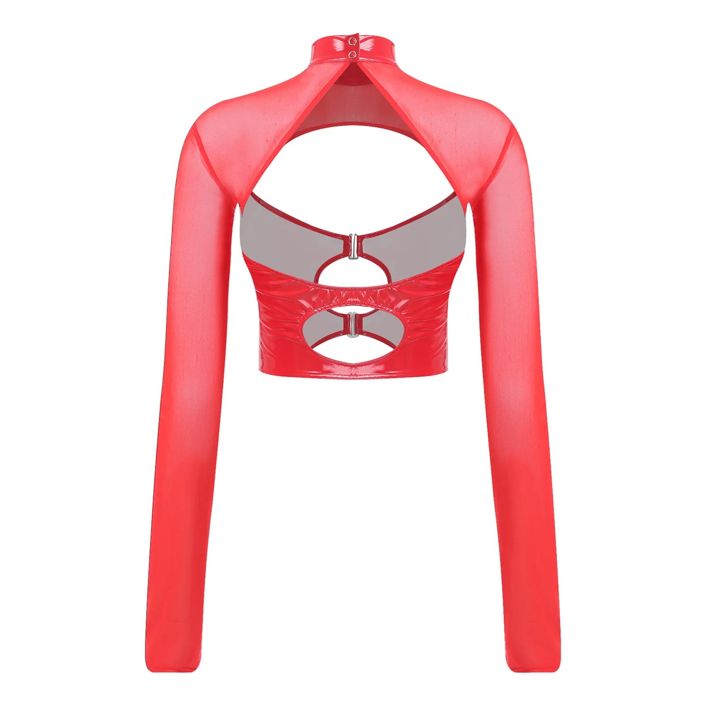 Womens Sheer Mesh Leather Patchwork Crop Top Long Sleeve Hollow Out Slim Fit Glossy Blouse Tops for Halloween Party Raves Dance