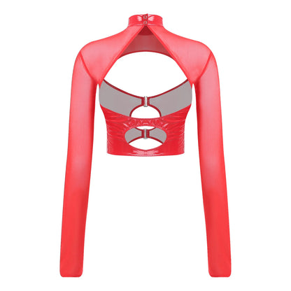 Womens Sheer Mesh Leather Patchwork Crop Top Long Sleeve Hollow Out Slim Fit Glossy Blouse Tops for Halloween Party Raves Dance