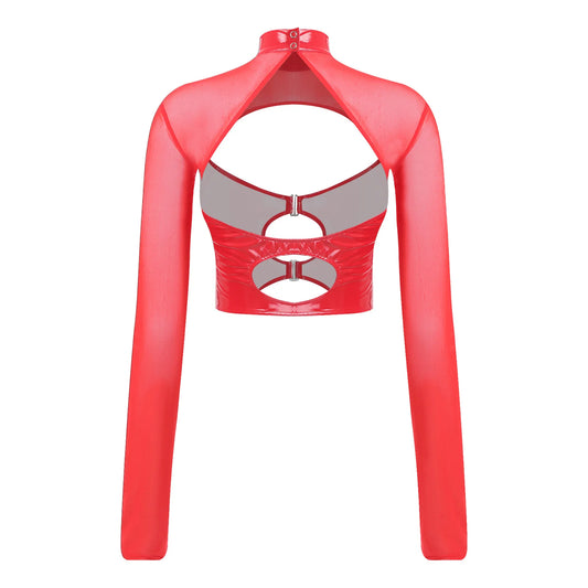 Womens Sheer Mesh Leather Patchwork Crop Top Long Sleeve Hollow Out Slim Fit Glossy Blouse Tops for Halloween Party Raves Dance