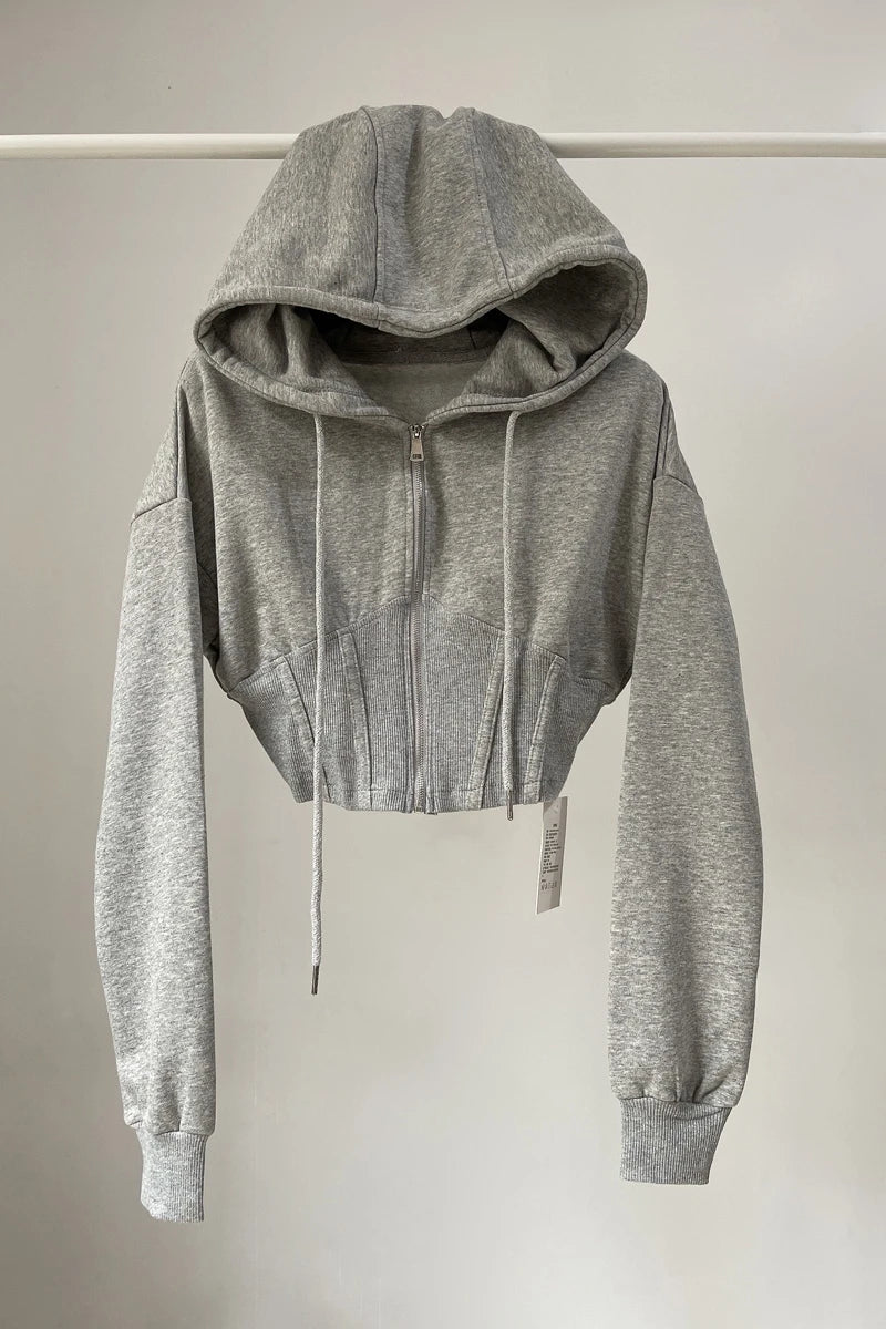 Spicy Girl Retro  Color Hoodie Women's Ultra-Short Waist-Cinching Belly-Baring Long-Sleeve Open Cardigan Top Coat