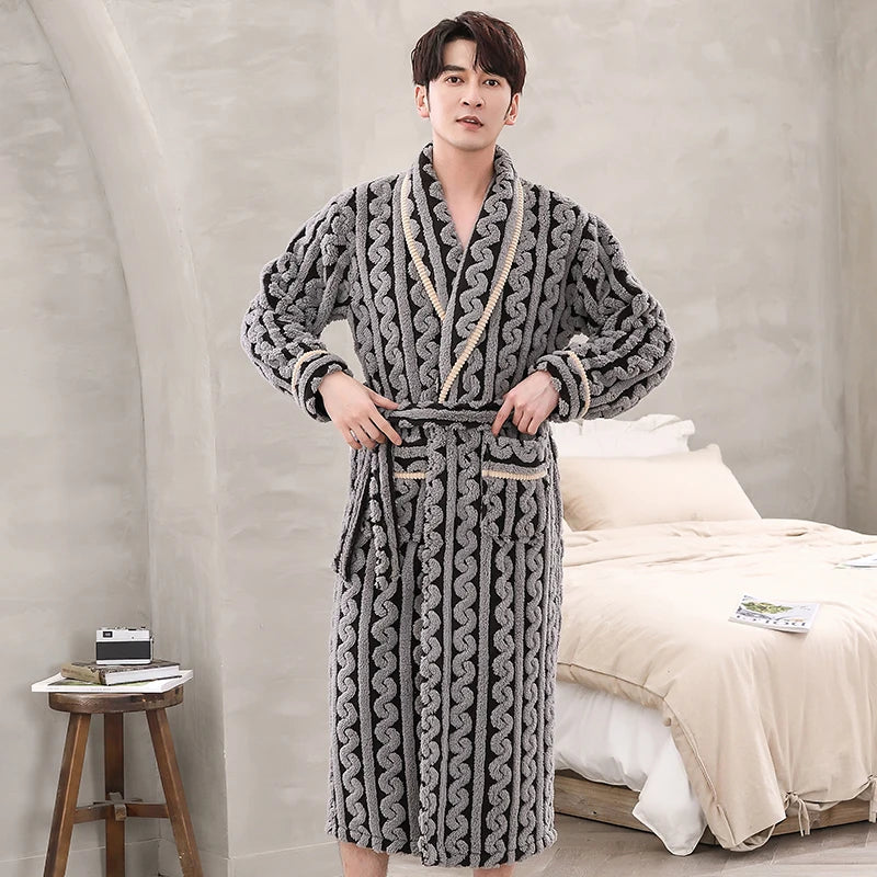 Men Sleepwear Robe Winter Flannel Thicken Terry Robe Male Long Sleeve Kimono Warm Bathrobe Home Wear Peignoir Men Robe