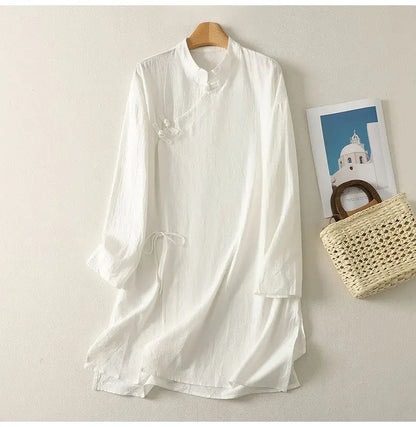 New Chinese Style Cotton Linen Women's Shirt Long Sleeve Button up Stand Collar Loose Fit Commute Fashion Mid-Length Coat