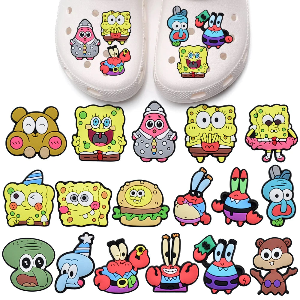 17-100Pcs Cartoon Shoe Charms Spongebob Shoes Decoration Accessories Bubble Slides Clog Sandal Buckle Kids Party Gifts