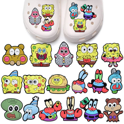 17-100Pcs Cartoon Shoe Charms Spongebob Shoes Decoration Accessories Bubble Slides Clog Sandal Buckle Kids Party Gifts