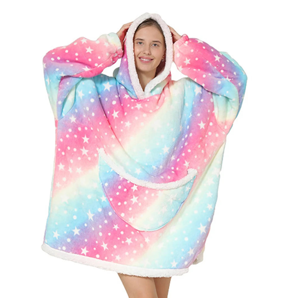 2024 Blue Animal Flannel Blanket with Sleeves Winter Hoodie Sweatshirt Women Men Fleece Giant TV Blanket Oversized for Couples