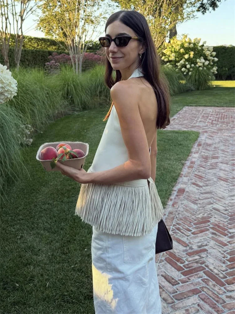 Tossy Female Tassel Backless PU Tank Top Sexy Patchwork Slim Summer 2026 New High Waist Commute Top Women's PU Leather Top Vest