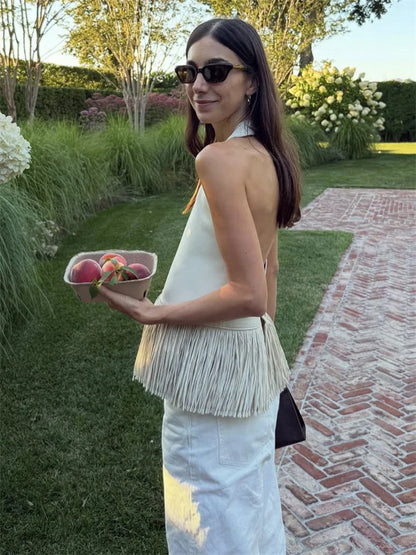 Tossy Female Tassel Backless PU Tank Top Sexy Patchwork Slim Summer 2026 New High Waist Commute Top Women's PU Leather Top Vest