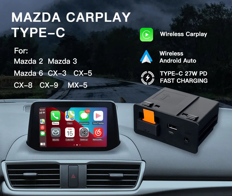 Wired or Wireless carplay Android auto type-c Adapter For Retrofit Mazda 2 3 6 CX3 CX5 CX8 CX9 MX5 USB HUB unit TK78669U0C Kit