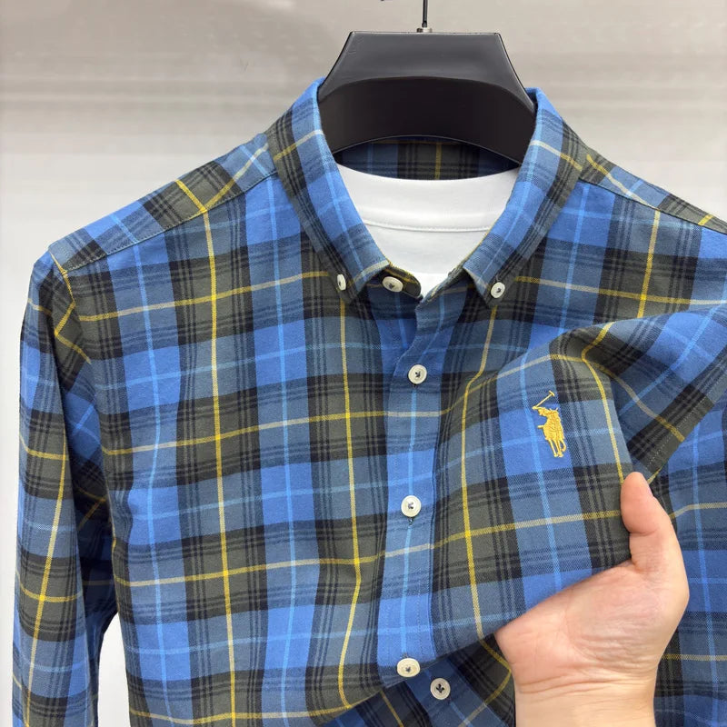 Men's 100% Cotton Brushed Plaid Long Sleeve Shirt, Small Horse Embroidery, Spring Autumn Business Casual Inner Wear Tops