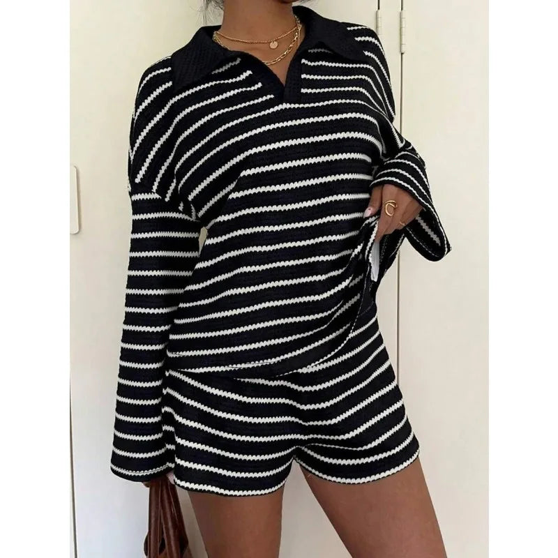 Women Striped Shorts Set Long Sleeve T-Shirt And Loose Casual Pants Breathable Two Piece Outfits For Summer Daily Loungewear