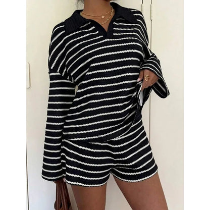 Women Striped Shorts Set Long Sleeve T-Shirt And Loose Casual Pants Breathable Two Piece Outfits For Summer Daily Loungewear