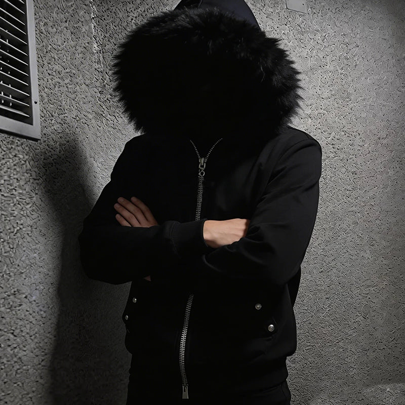 Winter European American Plush Collar Square Rivet Cardigan Zipper Long Sleeves Hoodie Trend Street Men's Women's Clothing Top