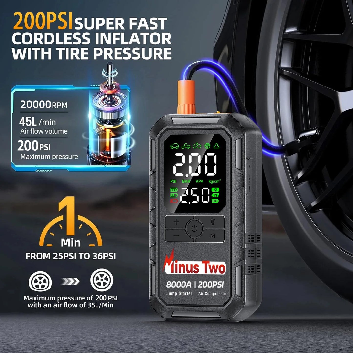Jump Starter with Air Compressor 8000A Portable Car Battery Booster (7.5 Gas/6L Diesel) with 160PSI Auto-Shutoff Tire Inflator