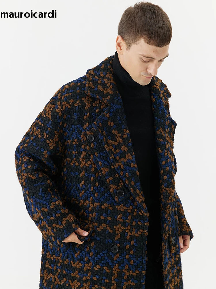 Mauroicardi Autumn Winter Long Loose Stylish Cool Thick Warm Plaid Tweed Woolen Coat Men Double Breasted European Fashion 2023