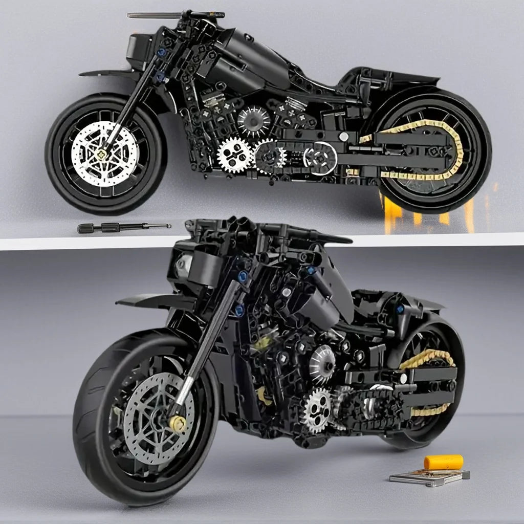 A set of assembled building blocks for a black, retro-style motorcycle toy, perfect for motorcycle enthusiasts as a gift.