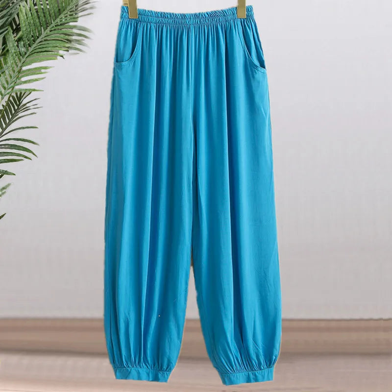 High Waist Lantern Pants Casual Cotton Silk Large Size Printed Long Trousers for Middle-Aged And Elderly Women