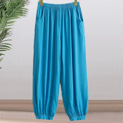 High Waist Lantern Pants Casual Cotton Silk Large Size Printed Long Trousers for Middle-Aged And Elderly Women