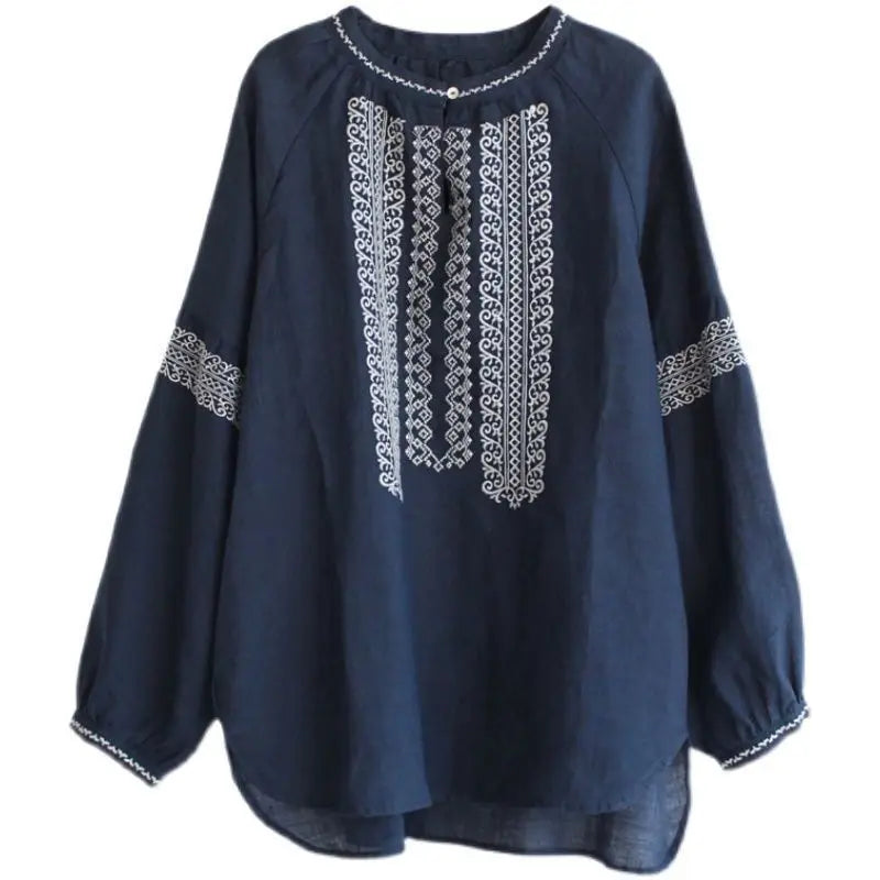 Retro Embroidered Cotton Linen Long Sleeve Women's Shirt Thin Top Large Size Cotton Linen Long Sleeve T-Shirt Commute Wear