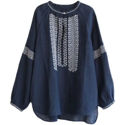 Retro Embroidered Cotton Linen Long Sleeve Women's Shirt Thin Top Large Size Cotton Linen Long Sleeve T-Shirt Commute Wear