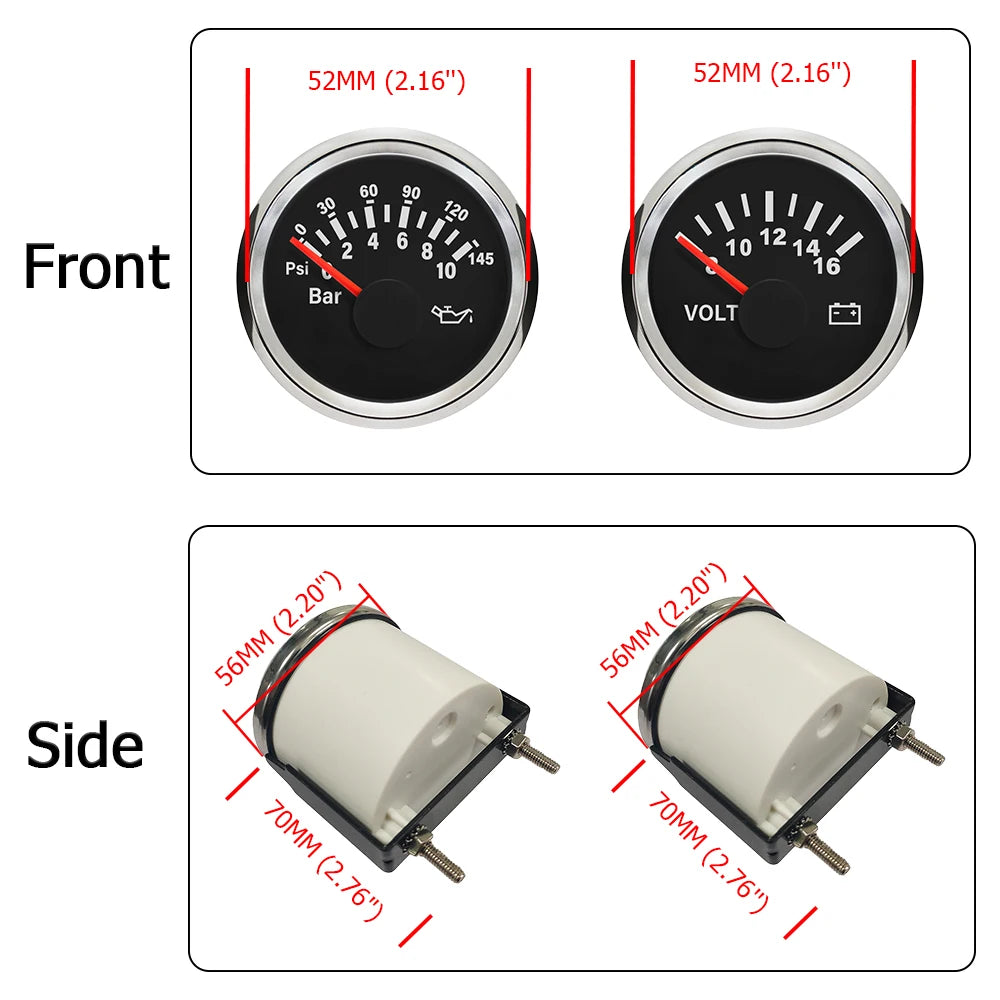 Universal 4 Gauge Set 52mm Water Temp Oil Pressure Fuel Level 0-190 240-33 ohm Meter Voltmeter with Backlight for Car Boat 12V