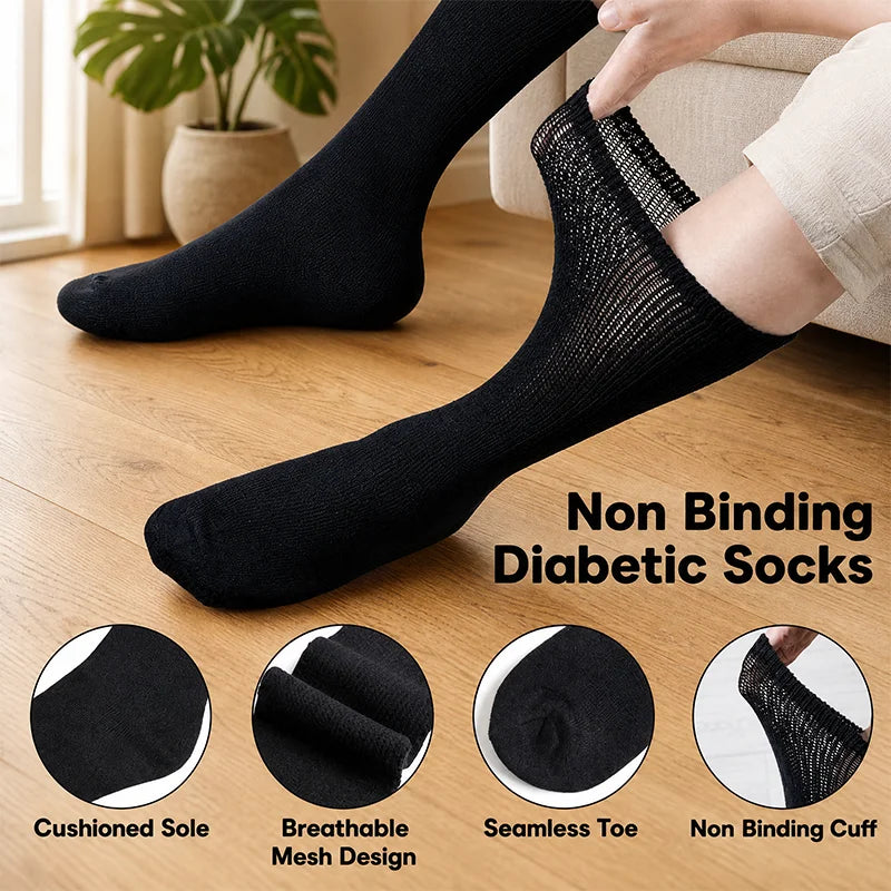 Men's Diabetic Socks Non‑Binding Top Loose Cuff, Seamless Breathable Comfort Socks for Swollen Feet & Blood Circulation Support