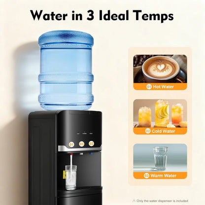 Water Dispenser Black Rectangle PP Injection Molding Floor Standing US Plug 110 127V 60Hz 1.5m Cord 75W Cooling 550W Heating 0.75L H Cold Output 5L H Hot Output Cold Water 10 15℃ Hot Water 85 95℃ Max 18.9L Bucket Indoor A