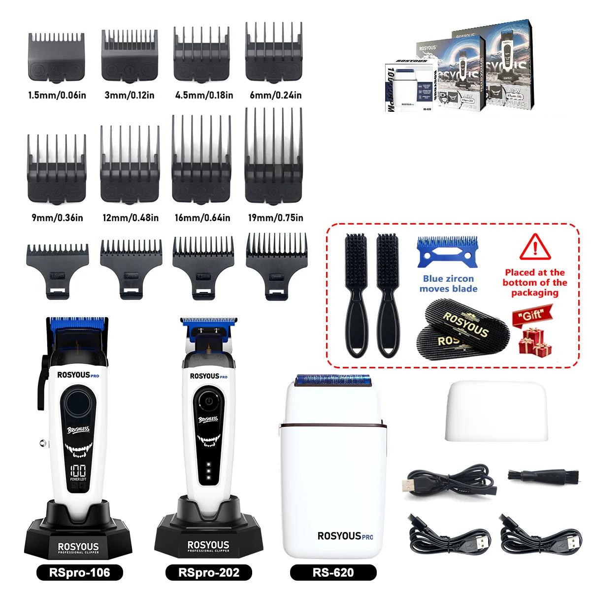 ROSYOUS RSpro-202 Hair Trimmer for Men DLC T-Blade 8000RPM Brushless Motor with Base Charger Professional Hair Cutting Machine