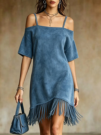 Casual Solid Color Suede Mini Dress Women Off Shoulder Spaghetti Strap Loose Fit Tassel Hem Elegant Daily Wear Chic Sundresses
