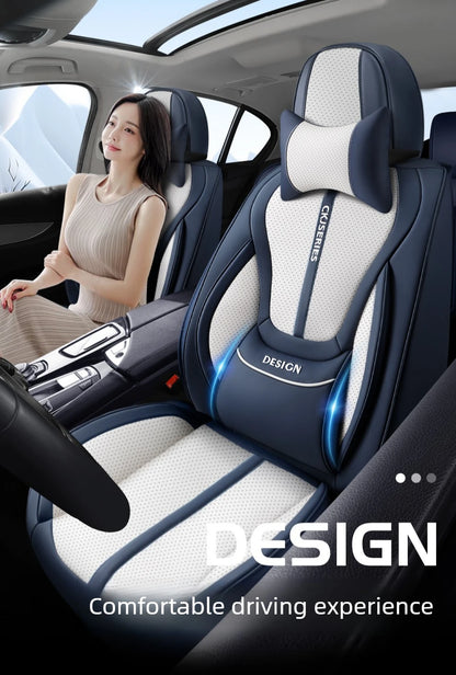 Premium PU Leather Auto Seat Covers Set with Built-in Lumbar Support +2 Headrest Covers +1 Steering Wheel Cover Comfortable