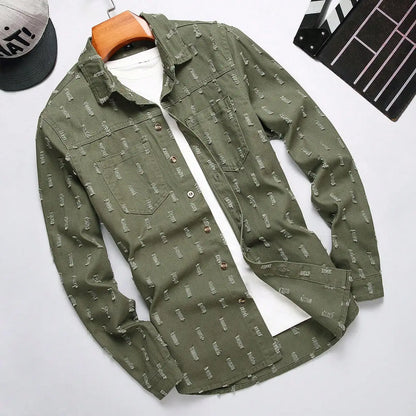 Men's Army Green Textured Ripped Long-Sleeve Denim Shirt, Vintage Casual Lapel Workwear Shirt with Chest Pocket