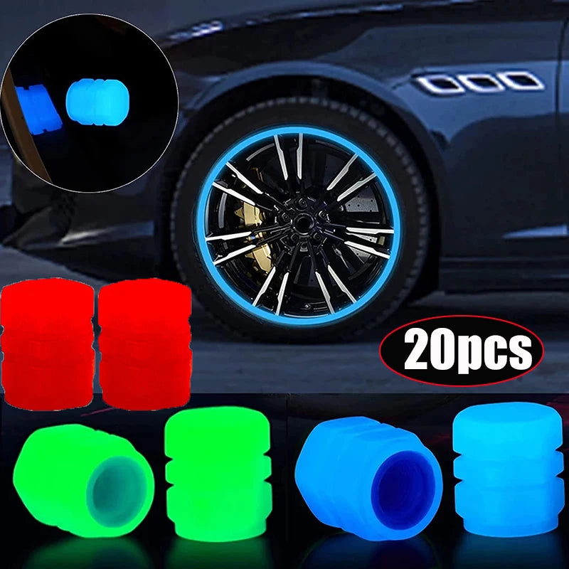 20Pcs Luminous Tire Valve Caps Car Fluorescent Tyre Valve Stem Caps Cover Night Glowing Bike Motorcycle Car Wheel Decoration