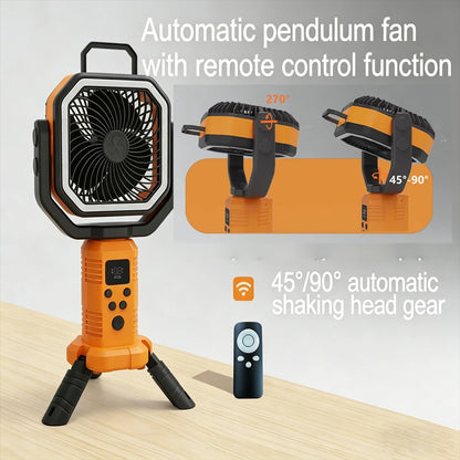 30000mAh Remote Control Camping Fan with Hook and 3 Brightness LED Lights – USB Charging Desk Fan for Outdoor Portable Fan