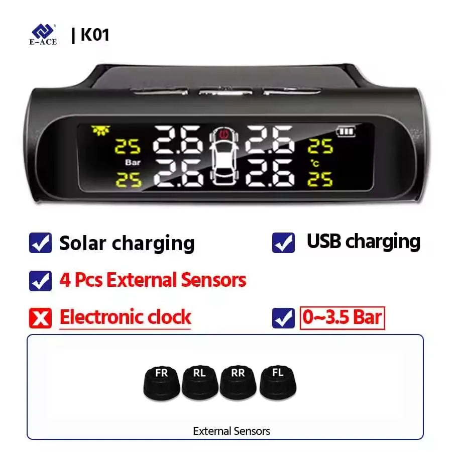 E-ACE Car Solar Tire Pressure TPMS Monitoring System Solar Power Digital tpms Display Security Alarm Tyre 4Wheel Pressure Sensor